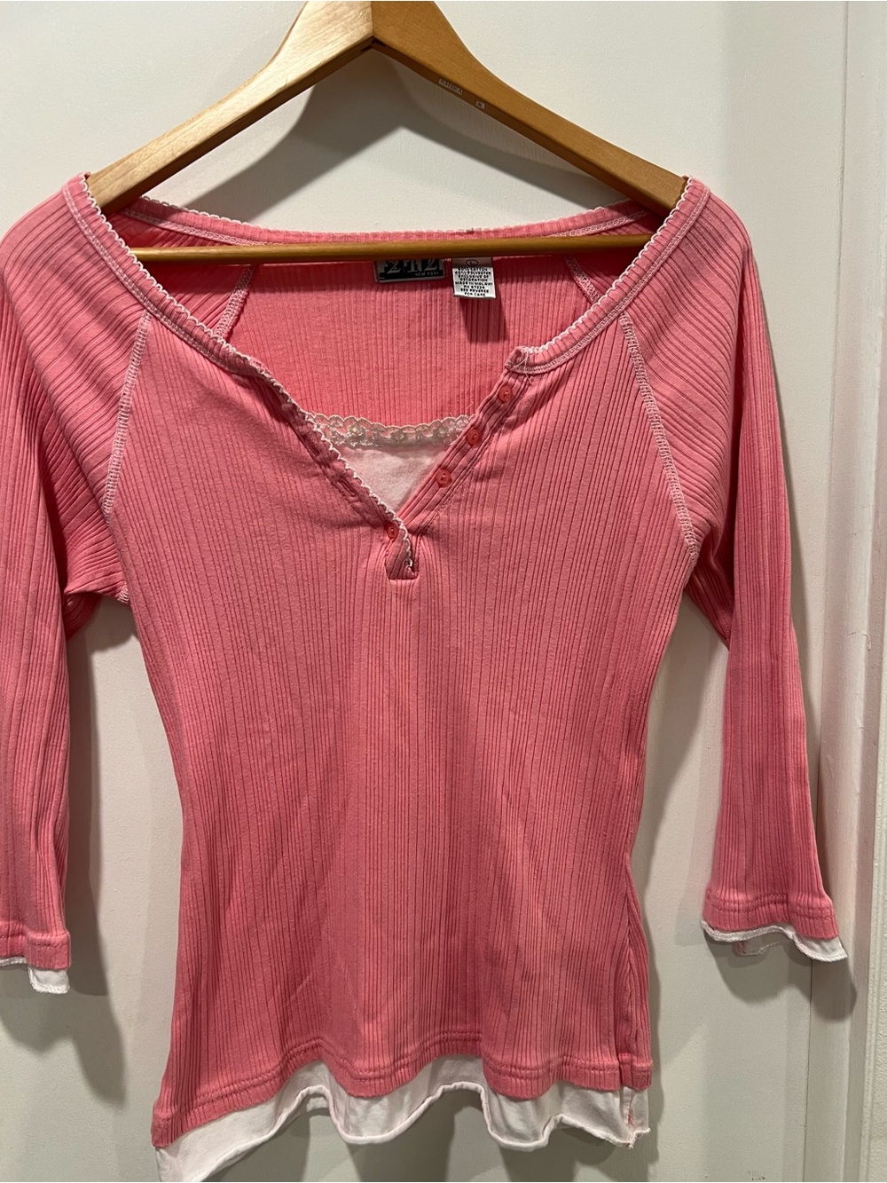 212 New York Pink Ribbed Henley Top with Lace Trim
